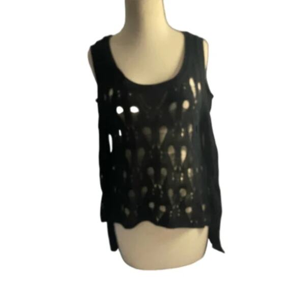 Boho Gothic Punk Open Knit Crochet Long Sleeve Cold Shoulder Top Lush Black S - Picture 2 of 8